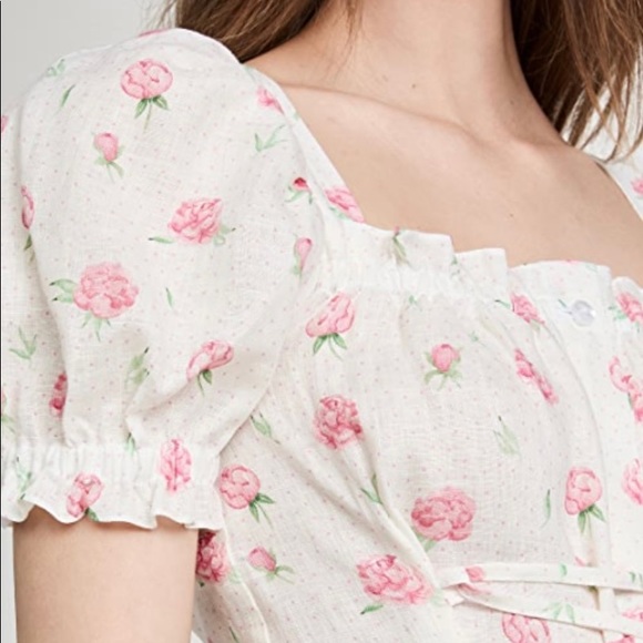 SLEEPER Marquise Linen Dress in Roses Pink White Lace Front Puff Sleeve L - Picture 3 of 9